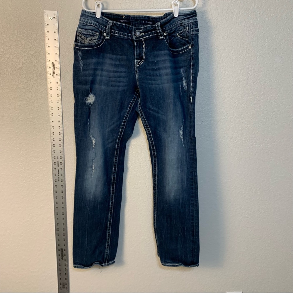 Vigoss Women's Straight Leg Jeans - Dark Blue Distressed